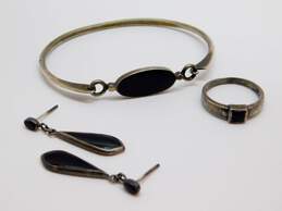 Artisan 925 Modernist Onyx Teardrop Drop Post Earrings Oval Charm Tension Bangle Bracelet & Band Ring 13g