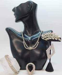 Vintage Bogoff & Musi Silvertone Icy Clear & Black Rhinestones Necklace Chain Bracelet Leaf & Diamond Shape Brooches & Teardrop Fur Clip 71.3g