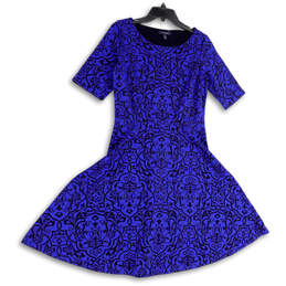 Womens Blue Black Floral Short Sleeve Round Neck Fit & Flare Dress Size S
