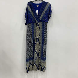 NWT Womens Blue Geometric Short Sleeve V-Neck Relaxed Fit Maxi Dress Size 3