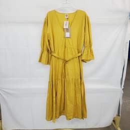 Elf Yellow Peony Linen Belted Midi Dress WM Size XXL NWT