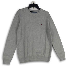 Mens Gray Crew Neck Long Sleeve Knitted Pullover Sweater Size Large