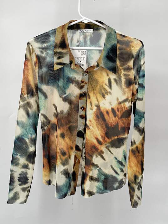 Womens Beige Multicolor Tie-Dye Collared Blouse Top Size Large T-0528893-D image number 1