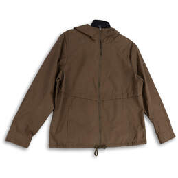 Womens Brown Long Sleeve Pockets Hooded Full Zip Windbreaker Jacket Size XL