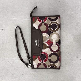 Womens Red Brown Monogram Zip Pockets Detachable Strap Wristlet Wallet