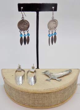 Rick Werito & FP 925 Southwestern Stamped Loop & Coin & Turquoise Beaded Feathers Drop Earrings & Roadrunner Bird Brooch 22.8g