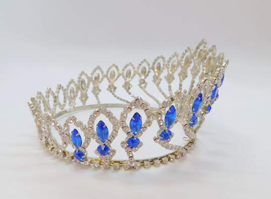 Vintage Icy Clear & Blue Rhinestone Silver Tone Statement Crown 207.1g image number 3