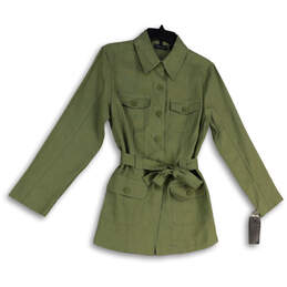 NWT Womens Green Long Sleeve Collared Pockets Waist Belt Trench Coat Size S