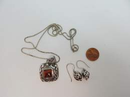 Artisan 925 Amber Cabochon Granulated Swirls Overlay Square Pendant Necklace & Open Scrolled Ball Bead Drop Earrings 19g alternative image