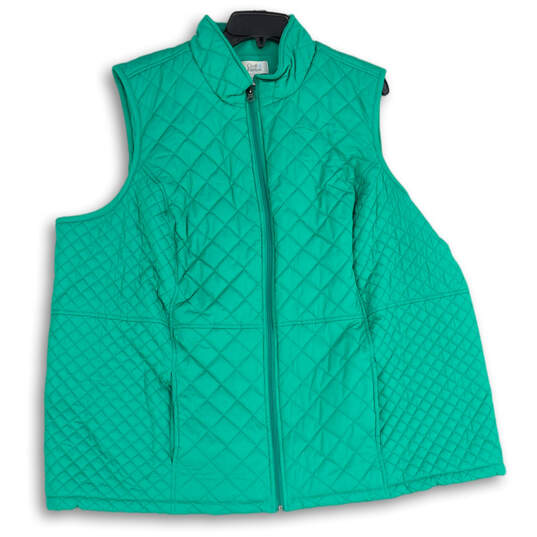 NWT Women Green Sleeveless Mock Neck Full-Zip Quilted Vest Size 3X image number 1