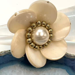 Designer Kate Spade Gold-Tone Beaded Cream Enamel Flower Pearl Band Ring