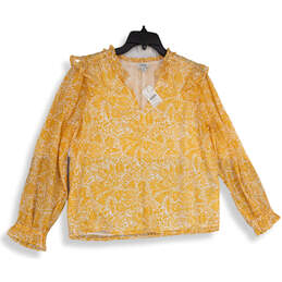 NWT Womens Yellow Floral Long Sleeve V-Neck Pullover Blouse Top Size Small