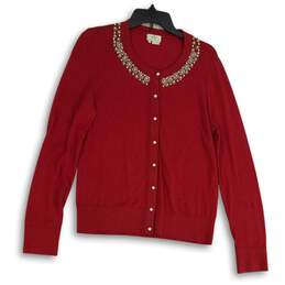 Kate Spade New York Womens Red Beaded Button Front Cardigan Sweater Size L