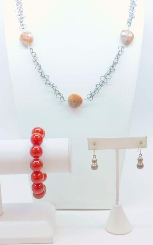 Artisan Sterling Silver Agate Chain Necklace Chunky Carnelian Bracelet & Earrings 93.0g image number 1