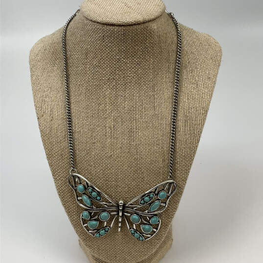Designer Fossil Silver-Tone Rope Chain Turquoise Butterfly Pendant Necklace image number 1