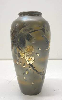 Oriental Mixed Meta Vase 8.5 in Tall Enameled Etched Artist Signed Vase
