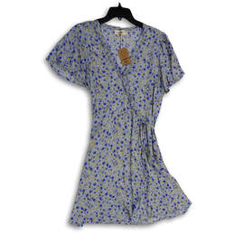 NWT Womens Blue Floral Ruffle Tie Waist Knee Length Wrap Dress Size Medium