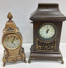 Vintage Pair of Decorative Brass & Wood Mantle Clocks
