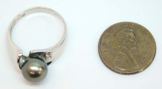 14K White Gold Black Pearl & 0.04 CT Round Diamond Ring 4.1g image number 4