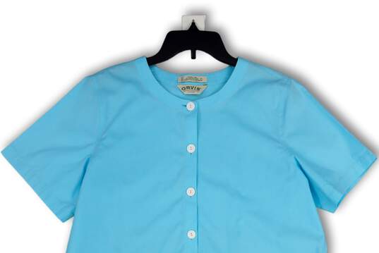 Womens Blue Short Sleeve Wrinkle Free Regular Fit Button-Up Shirt Size L image number 3