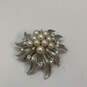 Designer Trifari Silver-Tone Flower Classic Cultured Pearl Brooch Pin image number 2