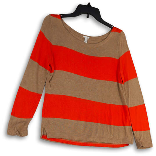 Womens Brown Orange Striped Round Neck Long Sleeve Pullover T-Shirt Size S image number 1