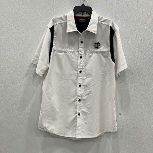 Mens White Short Sleeve Front Pockets Spread Collar Button-Up Shirt Size L image number 1