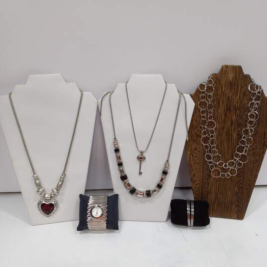 Bundle of Assorted Silver Tone Fashion Costume Jewelry image number 1