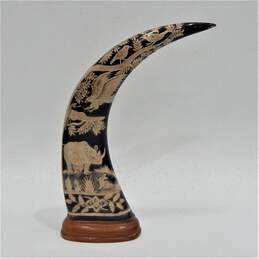 Pair of Vintage Hand Carved Water Buffalo Horns w/ Elephant Rhino & Birds alternative image