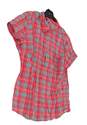 Womens Red Blue Plaid Short Sleeve Collared Button Up Shirt XL image number 2