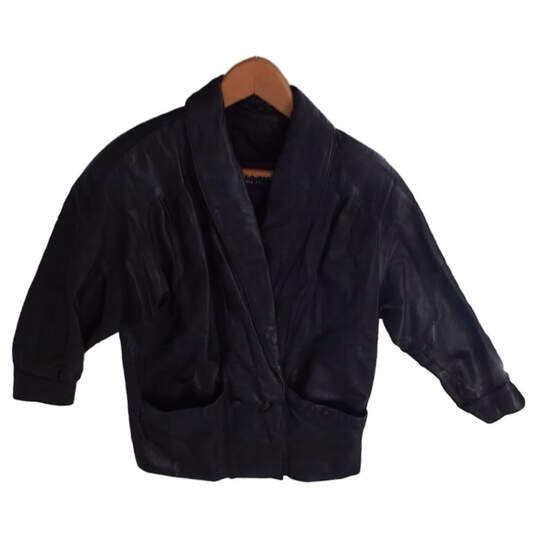 Women's Black Front Pocket Button Closer V Neck Leather Jacket Size Medium image number 6