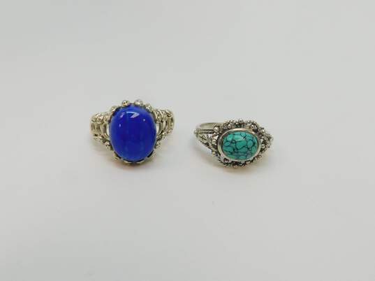 Artisan 925 Lapis Lazuli Cabochon Brutalist & Faux Turquoise Stamped Leaves Rings 10.5g image number 1