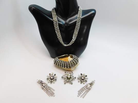 Vintage Icy Rhinestone & Silver Tone Clip-On Earrings Collar Necklace Brooch & Bracelet 94.6g image number 1
