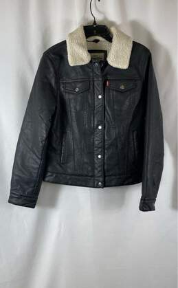 Levi Strauss Womens Black Leather Pockets Sherpa Lined Trucker Jacket Size M