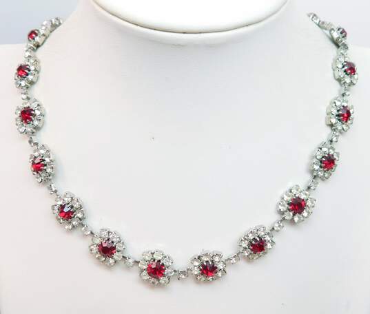 Vintage Eisenberg Ice Red & Clear Rhinestone Flower Necklace for Repair 36.2g image number 1