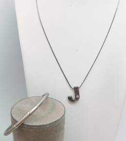 (G) Artisan 925 & 950 Cubic Zirconia J Pendant Necklace & Hinged Bangle Bracelet