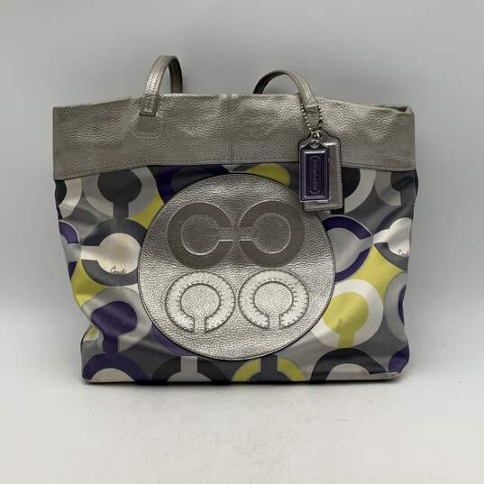 Coach Womens Silver Purple Double Strap Inner Pockets Logo Charm Tote Bag image number 1