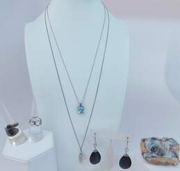 925 Sterling Silver Blue Topaz Onyx & CZ Drop Earrings Pendant Necklaces & Rings 30.3g