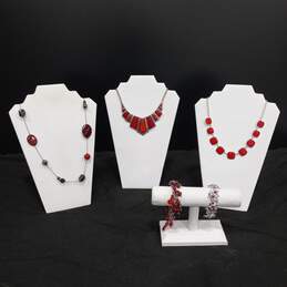 Bundle of Assorted Red and Silver Toned Jewelry