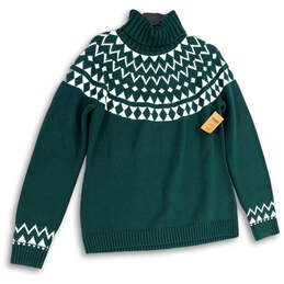 NWT Womens Green White Fair Isle Turtleneck Long Sleeve Pullover Sweater M