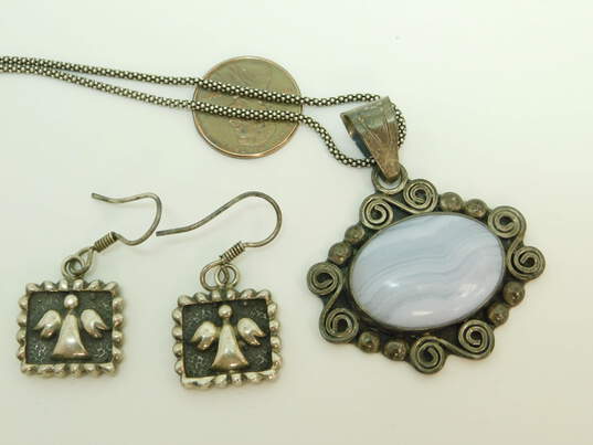 Artisan 925 Blue Lace Agate Pendant Necklace & Angel Earrings 24.9g image number 5
