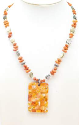 Artisan 925 Orange Spiny Oyster Mosaic Pendant Coral & MOP Shell Beaded Necklace & Faux Turquoise Cabochon Ring 35.7g