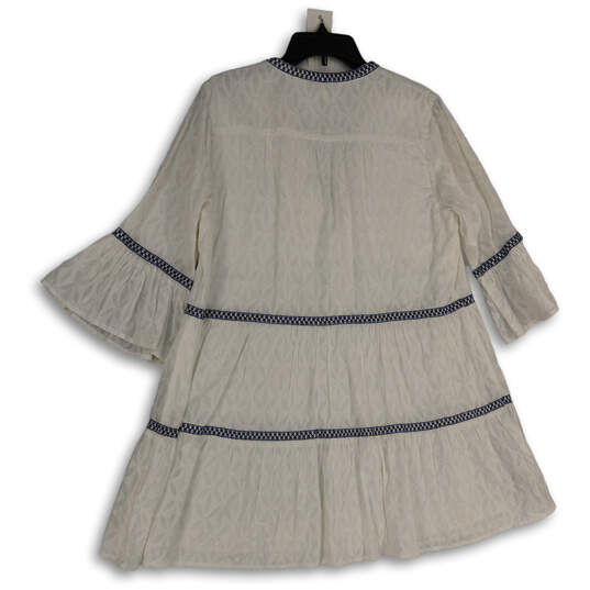 Womens White Blue Split Neck Bell Sleeve Pullover A-Line Dress Size Large image number 2