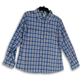 Womens Blue Purple Plaid Long Sleeve Pockets Button-Up Shirt Size L 12-14