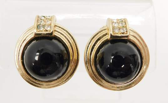 VTG Christian Dior Goldtone Faux Onyx Cabochon & Rhinestones Clip On Earrings image number 1