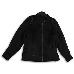 Womens Black Long Sleeve Bend Collar Adjustable Waist Full-Zip Jacket Sz 1W