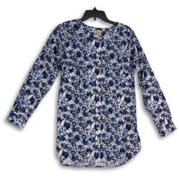 Womens Blue White Floral Wrinklefighter Button Front Tunic Blouse Top Sz S