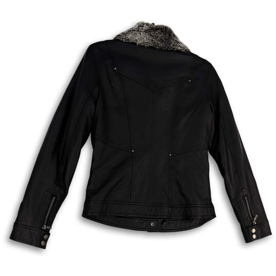 Womens Black Long Sleeve Spread Collar Pockets Full-Zip Biker Jacket Size S image number 2