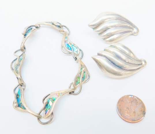 Artisan 925 Sterling Silver Statement Earrings & Abalone Panel Bracelet 34.0g image number 6
