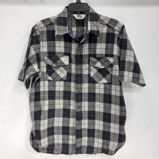 Woolrich Men's Button Up Short Sleeve Plaid Gray/Black/Red Shirt image number 1